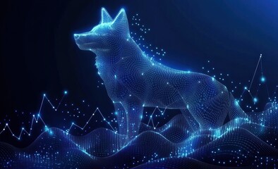 A digital blue wolf stands amid data visualizations on dark background