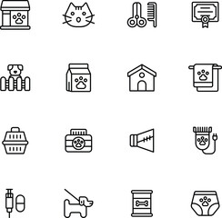 Veterinary, pet, vet, pet shop, dog care, training, cat, food line icons set collection. Outline icon collection. Pets line icons. Lovely animals icon pack. Vaccine, pet care, and dog paw.