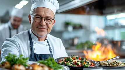 Culinary mastery professional kitchen chef portrait busy restaurant close-up expertise in cooking and presentation