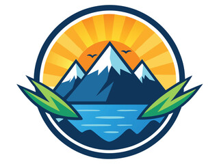 Vector art of a mountain landscape shows a sailboat sailing on the sea under the summer sun, a nautical travel illustration