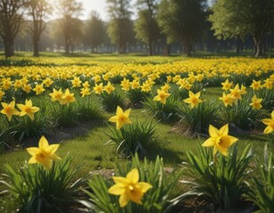 Sunlit daffodil field, vibrant yellow blooms, lush green grass, daffodils, floral photography