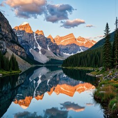 Majestic mountains reflect in serene lake at sunset  