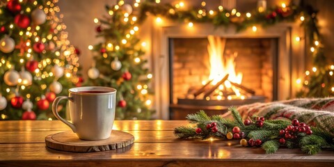 Cozy living room with a crackling fireplace and a steaming mug of hot chocolate on a side table amidst winter foliage and twinkling lights, christmas decorations, fireplace