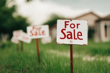 For sale signs in abandoned residential area with green grass and blurred background houses on a cloudy day. Concept of unsold real estate during a recession.