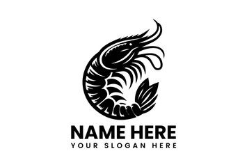 Shrimp Logo Design: A stylized black and white illustration of a shrimp, elegantly curved to form a circular design element, perfect for seafood restaurants or related businesses.