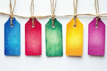 Colorful gift tags hang on a string, against a white background. Use it for retail sales or creative design projects easily.