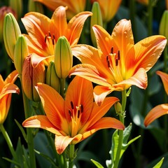 Obraz premium Vibrant orange lilies blooming in a sunny garden setting 