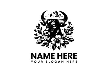 Bull Illustration: A powerful bull illustration, rendered in elegant grayscale, its form intricately interwoven with floral elements and leafy accents, a symbol of strength and nature's beauty.