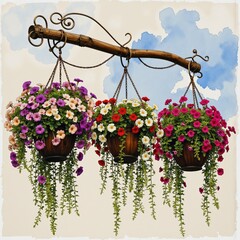 Vibrant hanging flower pots adorned with colorful blooms against sky  
