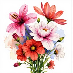 Obraz premium Colorful bouquet of flowers with vibrant petals and watercolor background 