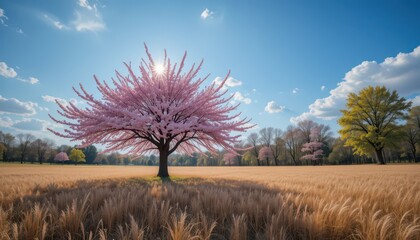 Stunning Cherry Blossom Tree in a Sunlit Field A Breathtaking Spring Scene