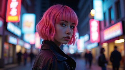 Obraz premium A woman with pink hair stands in a neon-lit street, staring at the camera
