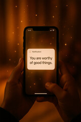 A glowing smartphone screen showing a notification with a positive message, seen from the person’s perspective, warm ambient light, subtle magical sparkles in the air, peaceful mood, spiritual tone