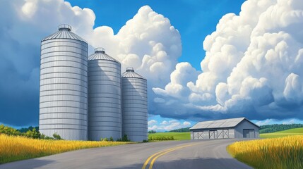 Industrial-style grain silos next to a storage barn, dramatic cloudy sky and rural landscape