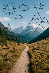 Whimsical photo of a mountain trail with hand-drawn doodles of sun, clouds, trees, and flowers over real landscape, blending nature photography with playful sketch art.