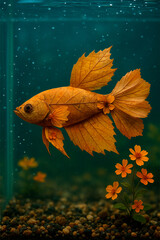 "A beautiful female royal beta fish made of dry autumn leaves and flowers, hyper-realistic, in an aquarium.