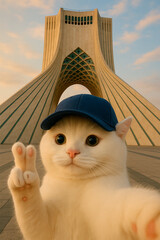 make the cat stand at the Azadi Tower in Tehran
