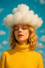 A surreal portrait of a woman with blonde wavy hair wearing a fluffy cloud hat, dreamy expression, yellow turtleneck, under a bright blue sky with soft clouds, whimsical fashion style.