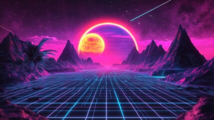 Retro Futuristic Landscape: Neon Grid Road to a Giant Sun