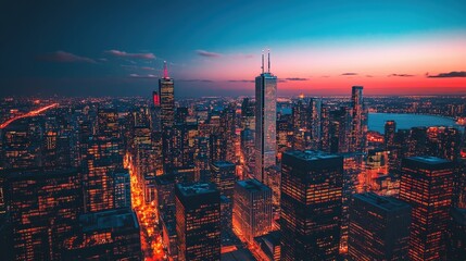 Fototapeta premium A cityscape at dusk featuring illuminated skyscrapers, showcasing the booming real estate market