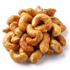 Pile of glazed cashews close up on white background
