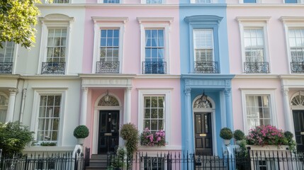 Obraz premium A classic English townhome from the Regency era, featuring pastel-colored facades and elegant detailing.