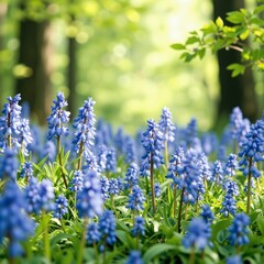 Obraz premium Blue flowers blooming in a lush green forest background 