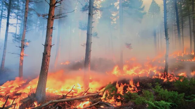 Flames engulf tall pine trees in dramatic forest fire scene.Intense wildfire consumes coniferous forest with thick smoke billowing.