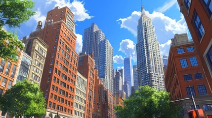 Obraz premium New York city buildings stretch towards a blue cloudy sky
