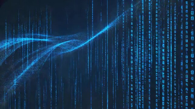 Futuristic matrix rain effect of falling binary code and data stream over a dark blue background, for technology and abstract concepts