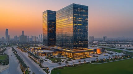 Two modern glass skyscrapers stand tall against a sunset sky