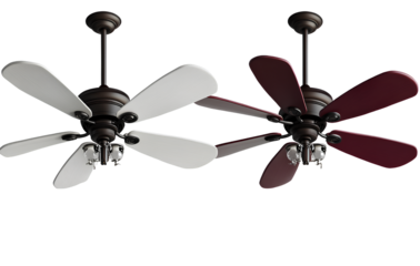 2 ceiling fans, one white and the other maroon in color, transparent background