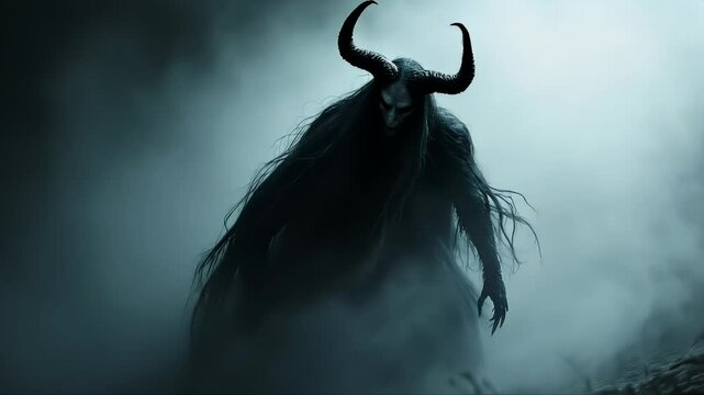 A digital painting depicting a dark, horned creature shrouded in mist. The image evokes a sense of mystery and fear.