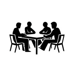 Group of five individuals seated around a table engaged in discussion, with a neutral background suggesting a collaborative environment , isolated on white or transparent png