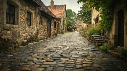 cobblestone road in an old European village, polished smooth by centuries of use.
