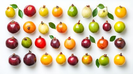 Colorful fruits flatlay with white background.