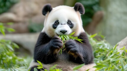 Adorable panda cub enjoying a meal of bamboo.  A close-up of a playful panda,  actively eating fresh bamboo leaves.  The animal appears healthy and content in its natural habitat