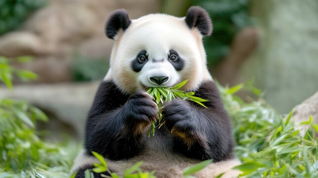 Adorable panda cub enjoying a meal of bamboo.  A close-up of a playful panda,  actively eating fresh bamboo leaves.  The animal appears healthy and content in its natural habitat