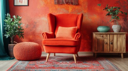 Cozy orange wingback chair in a color saturated living room