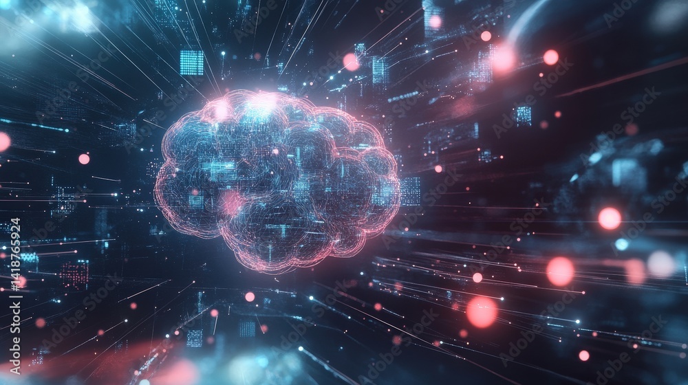 Poster ai-powered communication, showing holographic data transfer between intelligent machines and cloud-b