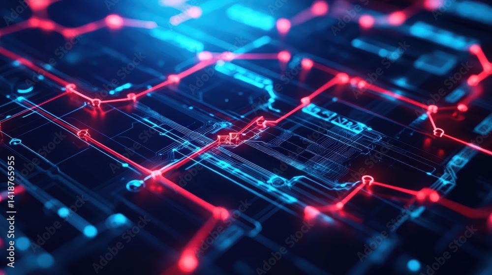 Poster blockchain technology, where blocks are connected by smooth data flow lines
