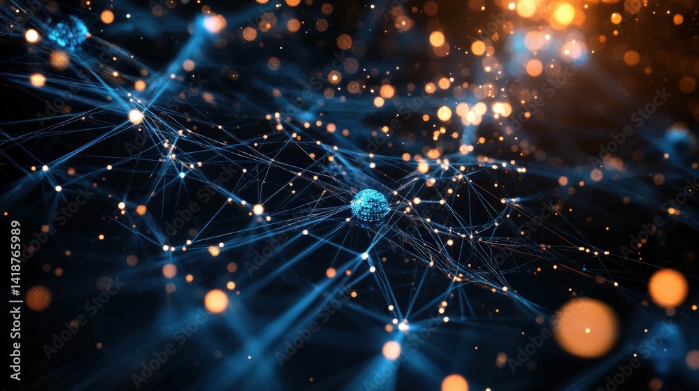 Poster ai technology, with quantum computing nodes linked by intelligent data transmission networks