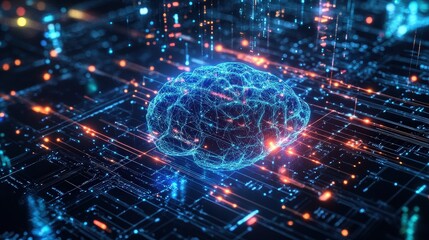 AI-powered communication, showing holographic data transfer between intelligent machines and cloud-based neural networks