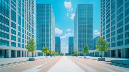 Obraz premium Modern city street lined with skyscrapers and trees