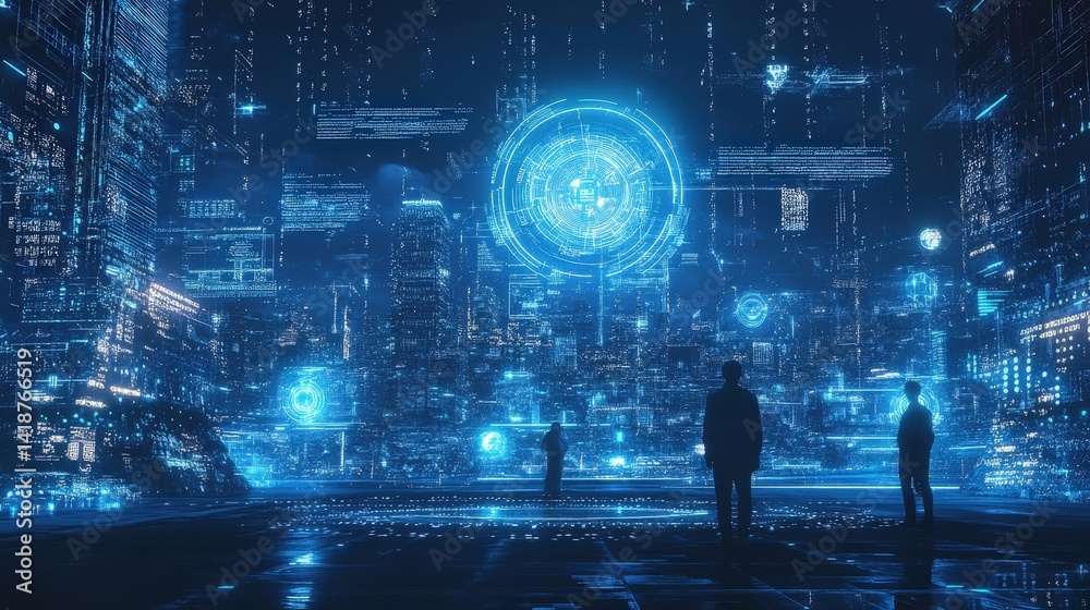 Poster a conceptual visualization of ai-enhanced communication, featuring intelligent nodes exchanging encr