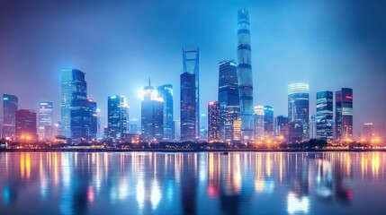 Obraz premium Shanghai Skyline at Night: A Dazzling Panorama of Modern Architecture and Urban Lights