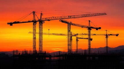 A construction site at sunset, with silhouettes of cranes and unfinished buildings against an orange sky