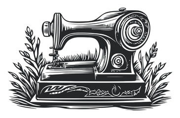 Vintage Sewing Machine Engraving Art with Decorative Elements