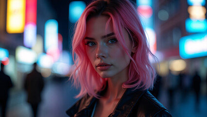 Pink-haired woman at night in the city. She is looking directly at the camera with a serious expression. The background is blurred, showing neon lights. 