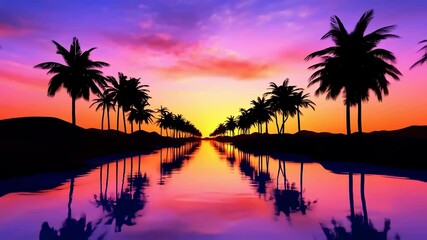Palm trees along river. Sunset or sunrise above horizon. Retro wave, synthwave flyer footage. 80s, 90s style. - Powered by Adobe